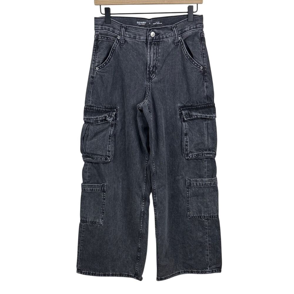 OLD NAVY Mid Rise Baggy Wide Leg Cargo Jeans Women's Size 0 Dark Gray Acid Wash